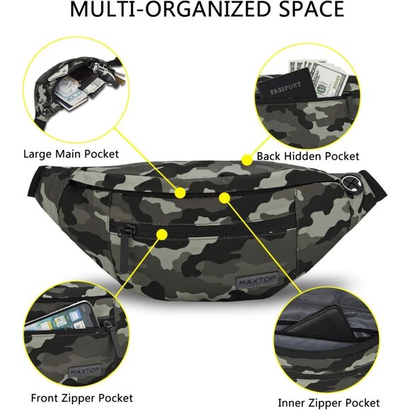 Women Men Camo Green Large Crossbody Fanny Pack Belt Bag Hands-Free Waist Pack - Picture 3 of 6